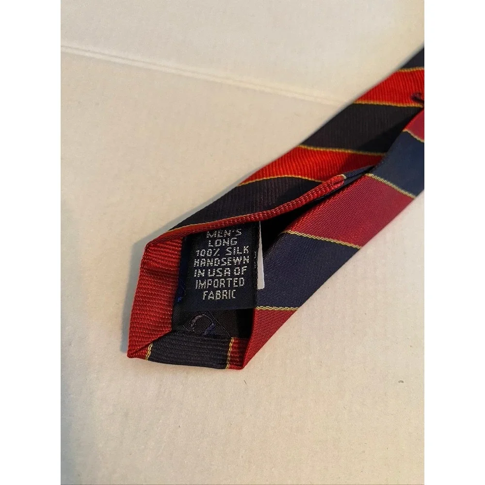 Lands End Mens Long Silk Tie Navy Blue Red Gold Regimental Stripe Handsewn USA